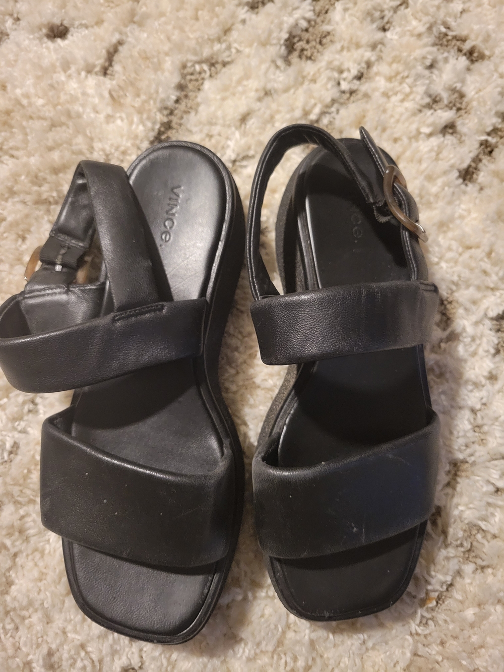 Vince Black Leather Double Strap Flat Sandals Buckle Ankle Strap